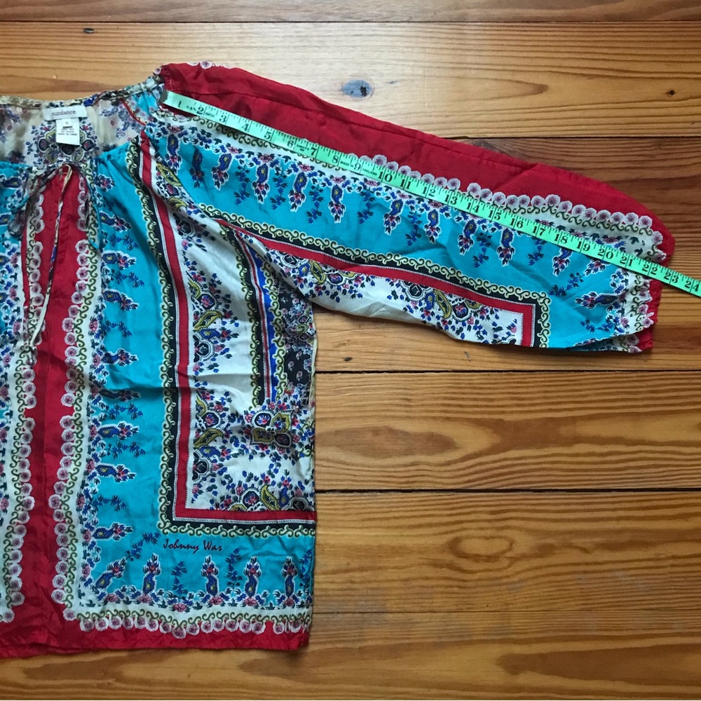 Johnny Was Sundance Red Blue Beige Silk 3/4 Peasant Top, EUC, S - Picture 12 of 12